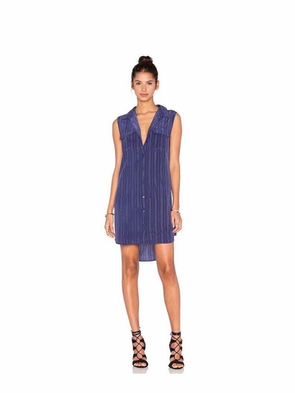 Equipment Femme Sleeveless Dress - 100% Silk - Blue Purple Stripe Button-up